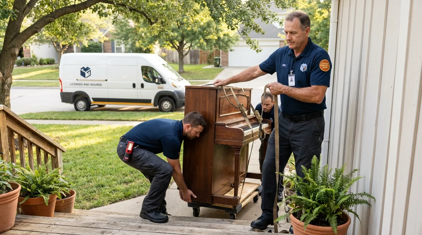 Licensed piano movers securing grand piano in Barnsdall, OK