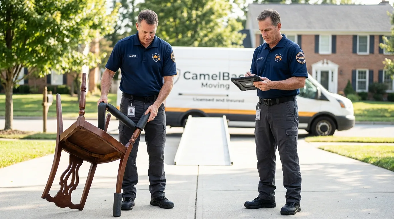 Movers inspecting furniture for damage prevention before loading in Barnsdall, OK