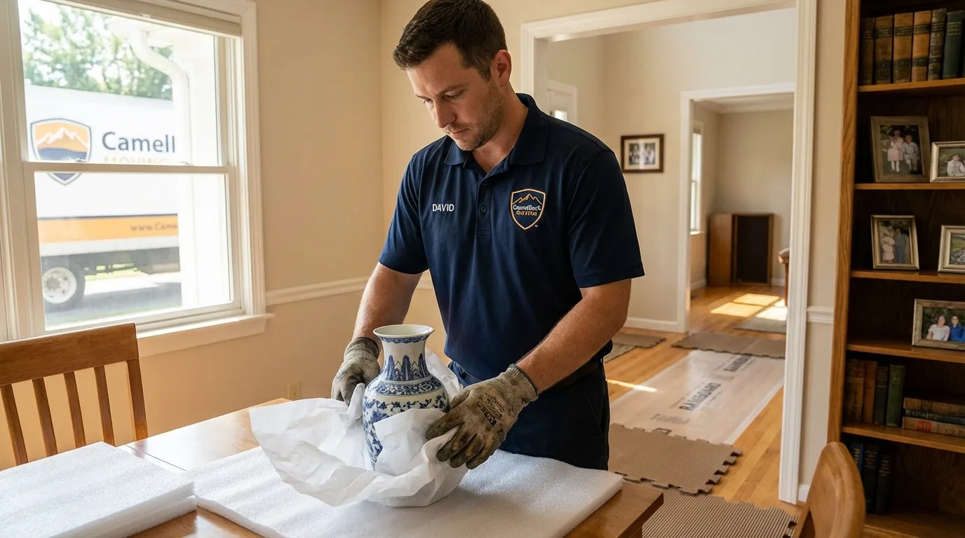 Professional crew carefully wrapping antique vase for senior downsizing move in Barnsdall, OK